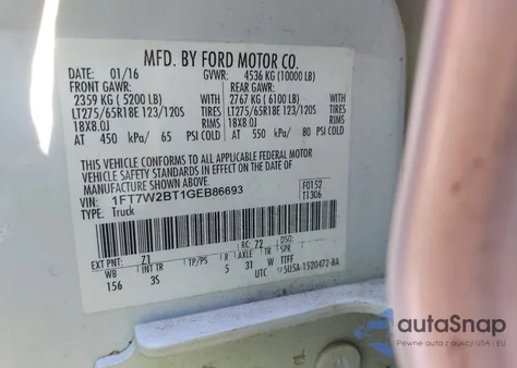 2016 Ford F-250 Xlt from USA, damaged, VIN 1FT7W2BT1GEB86693